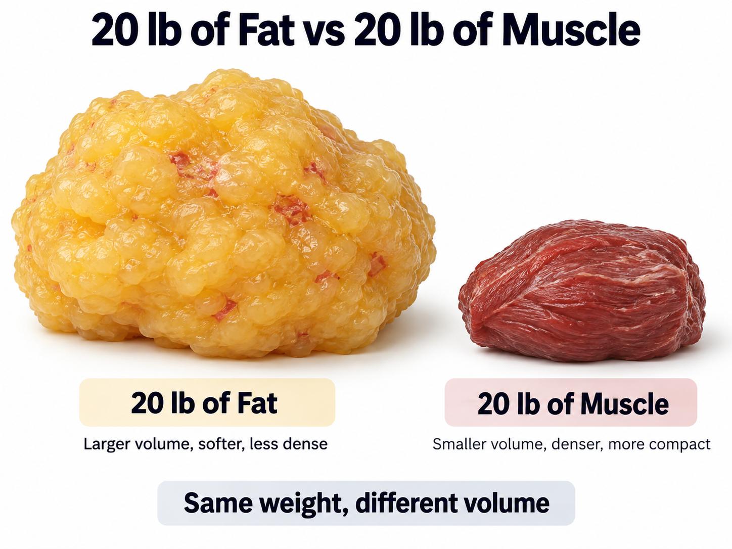 Editorial illustration of fat and muscle represented as two abstract forms beside a measuring tape and notebook