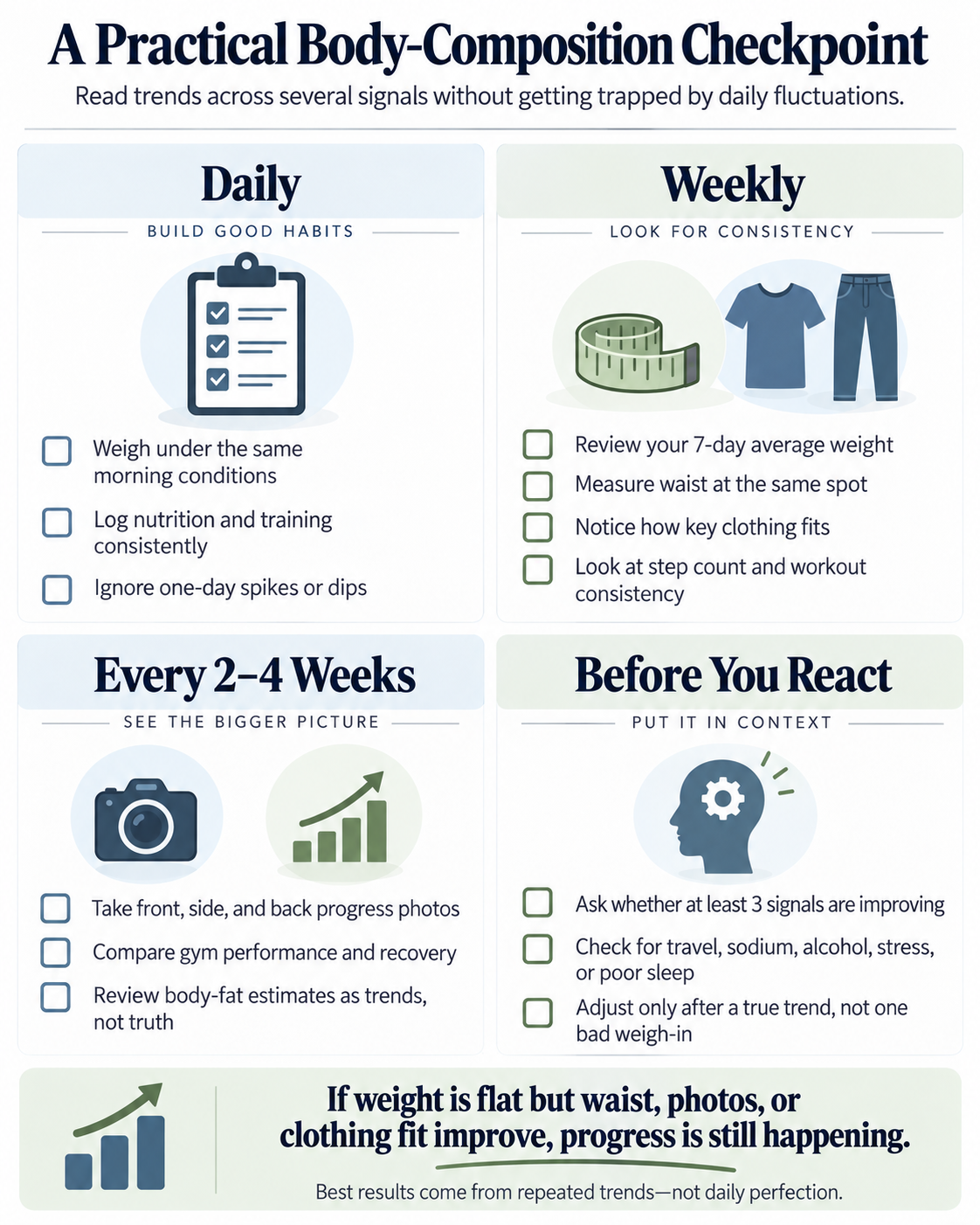 Checklist graphic for reviewing body-composition trends using waist, photos, strength, and scale