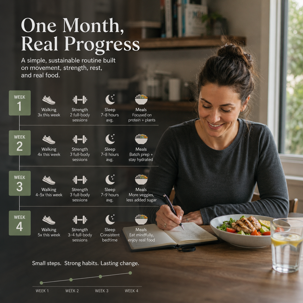 Timeline graphic showing four weeks of habit changes, workout sessions, and body composition trends.